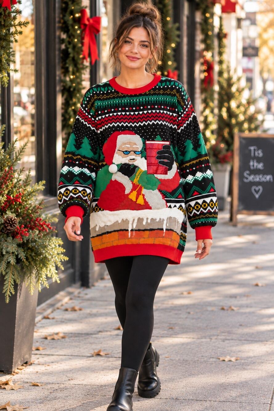 Holiday Time 3D Santa Ugly Christmas Sweater 2XL Oversized Fair Isle